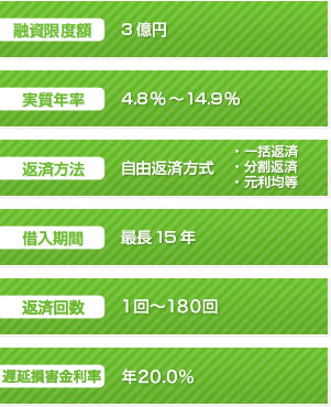 融資限度額　3億円　実質年率　4.8％～14.9％　返済方法　自由返済方式　・一括返済　・分割返済　・元利均等　借入期間　最長15年　返済回数1回～180回　遅延損害金利率 年20%